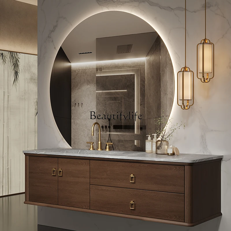 Walnut Color Bathroom Cabinet New Chinese Style Bathroom Table Stone Plate Hot Bending Whole Washbin Wash