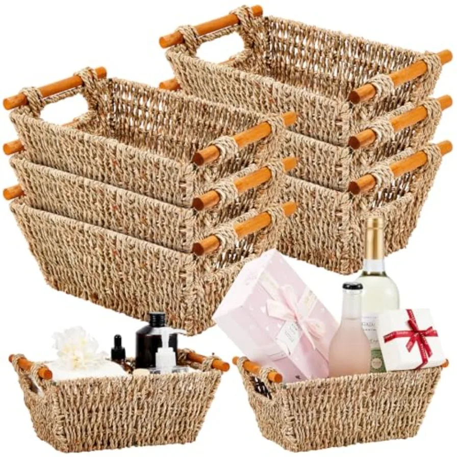 

Pcs Small Hand Woven Wicker Baskets with Wooden Handles Seagrass Rattan Storage Baskets Bin Organizer Shelf Pantry for Bathroom