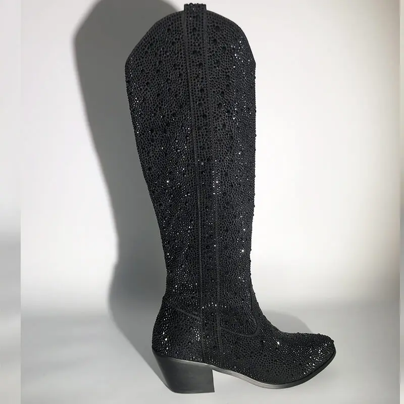 Onlymaker Women Pointed Toe Black Rhinestone Boots Knee High Western Cowgirl Boots Glitter Shiny Block Heel Lady Booties