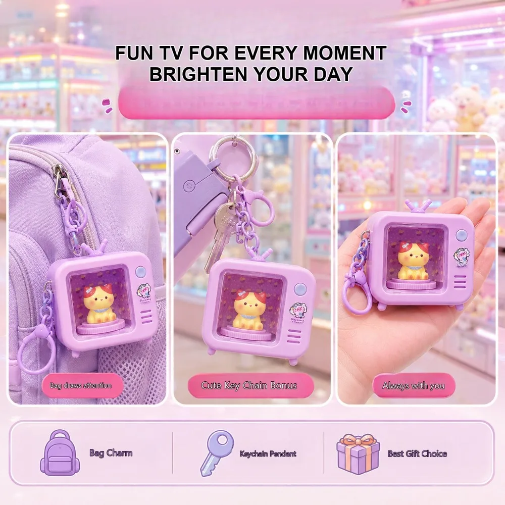 Light Up TV Keychain Plastic Mini Television Press Button Cute Animal Figurine Bag Charm For Backpack Keys Pastel Portable Gift