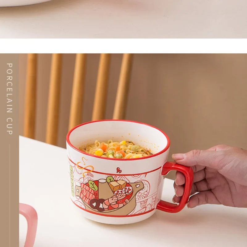 Ins Style Creative Instant Noodle Ceramic Cup Bowl with Cover Bento Box Student Lunch Box Instant Noodle Bowl Soup Bowl Set