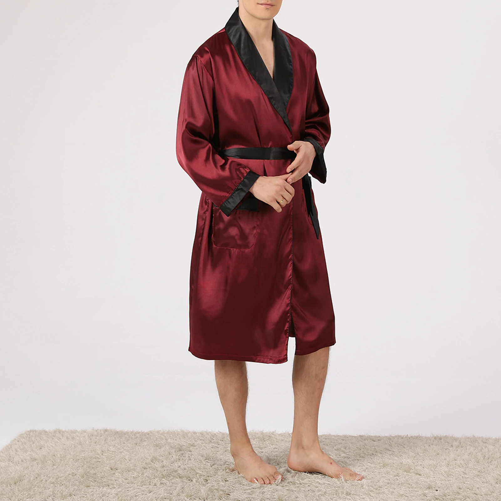 Douhoow Men Pajama Set Summer Male Long Sleeve Open Front Robe with Shorts and Belt Sleepwear Loungewear