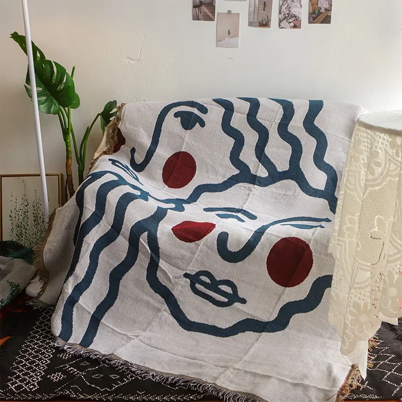 Abstract Face Tapestry Blanket Bohemian Woven Throw Tassels Modern Art Sofa Cover Geometric Wall Hanging Minimalist Home Decor