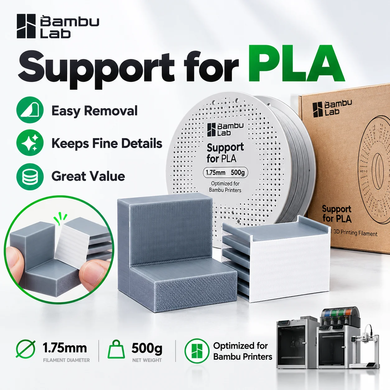 Bambu Lab Support for PLA Filament 1.75mm 500g Easy Removal Smooth Interface Material for 3D Printing