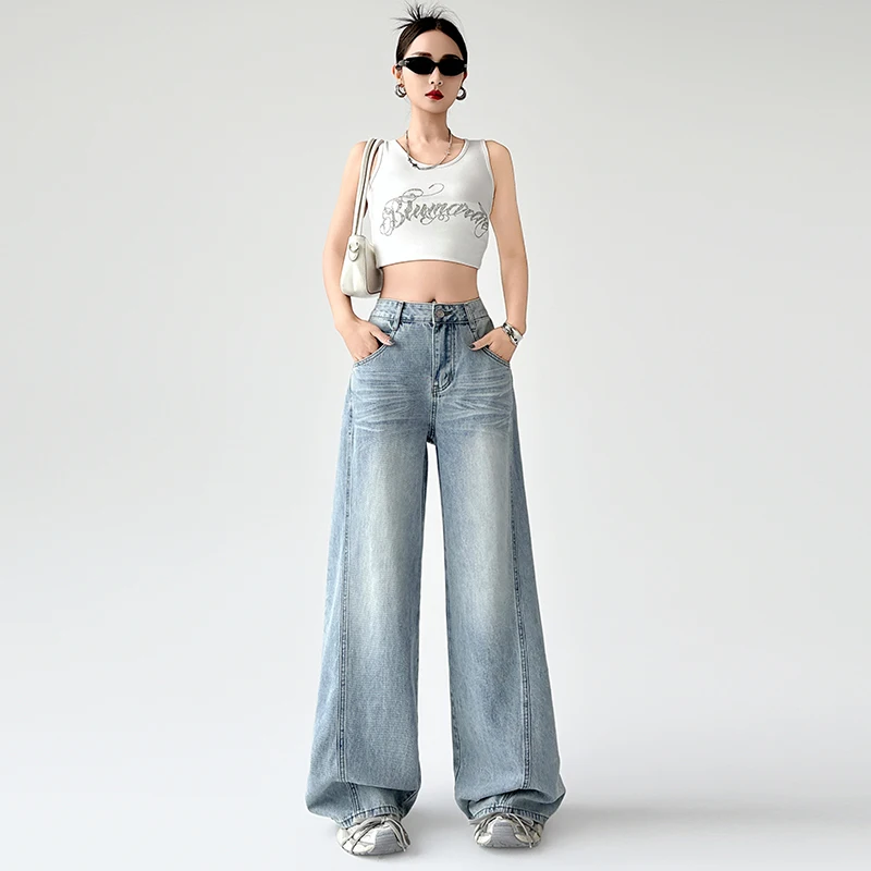 

2025Новогодние новые светло-голубые широкие джинсы с высокой талией для женщин, летний дизайн, сращивание их выглядит тонкими прямыми штанинами.