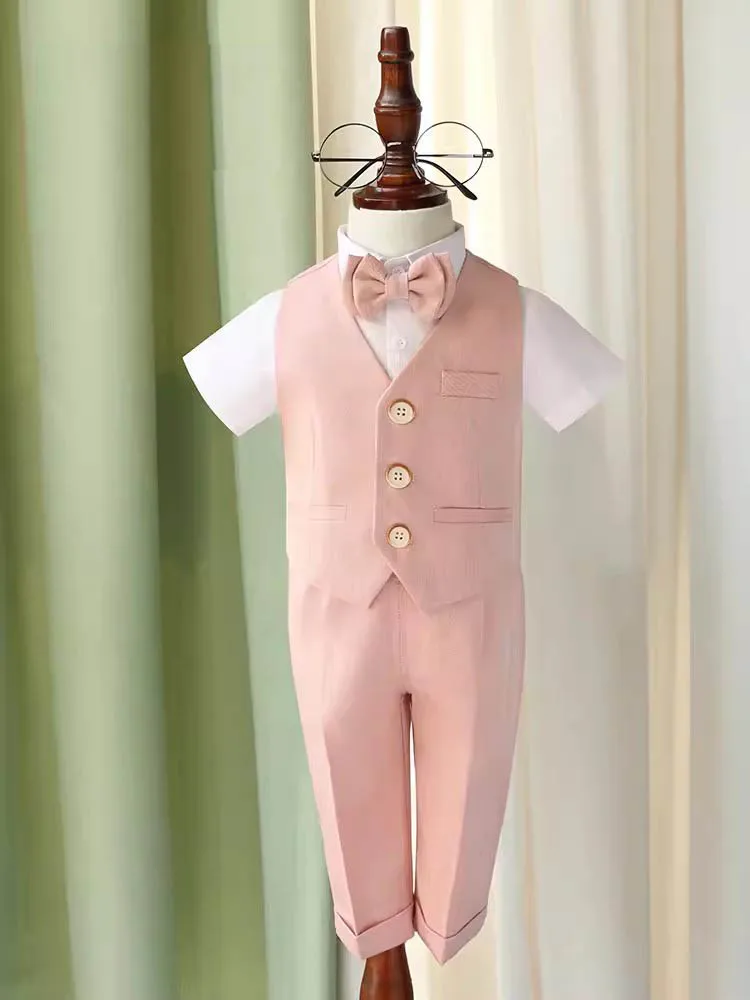 Boys Formal Ceremony Costume Children Pink Elegant Photography Suit Kids Birthday Wedding Party Dress Performance Tuxedo Set