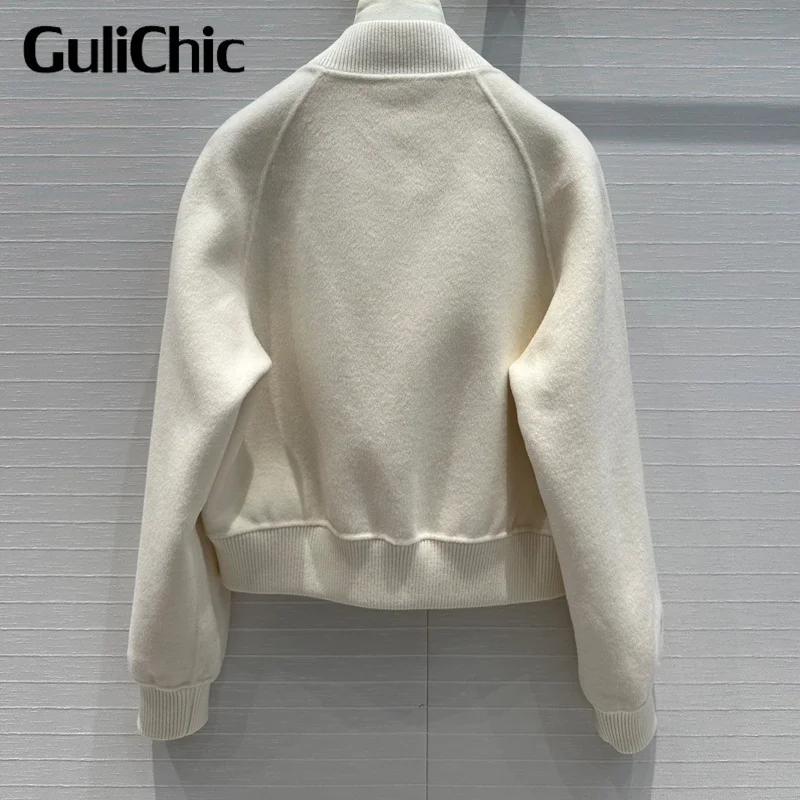 8.3 GuliChic Women 2024 Autumn New Double-Side Cashmere Jacket Stand Collar Ribbed Spliced Sheepskin Zipper Design Coat