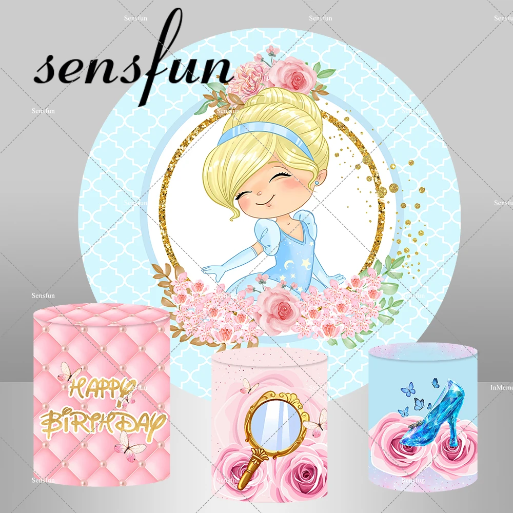 Disney Baby Blue Dress Blonde Princess Cinderella Round Backdrop For Girls Baby Shower 1st Birthday Decoration Backgrounds