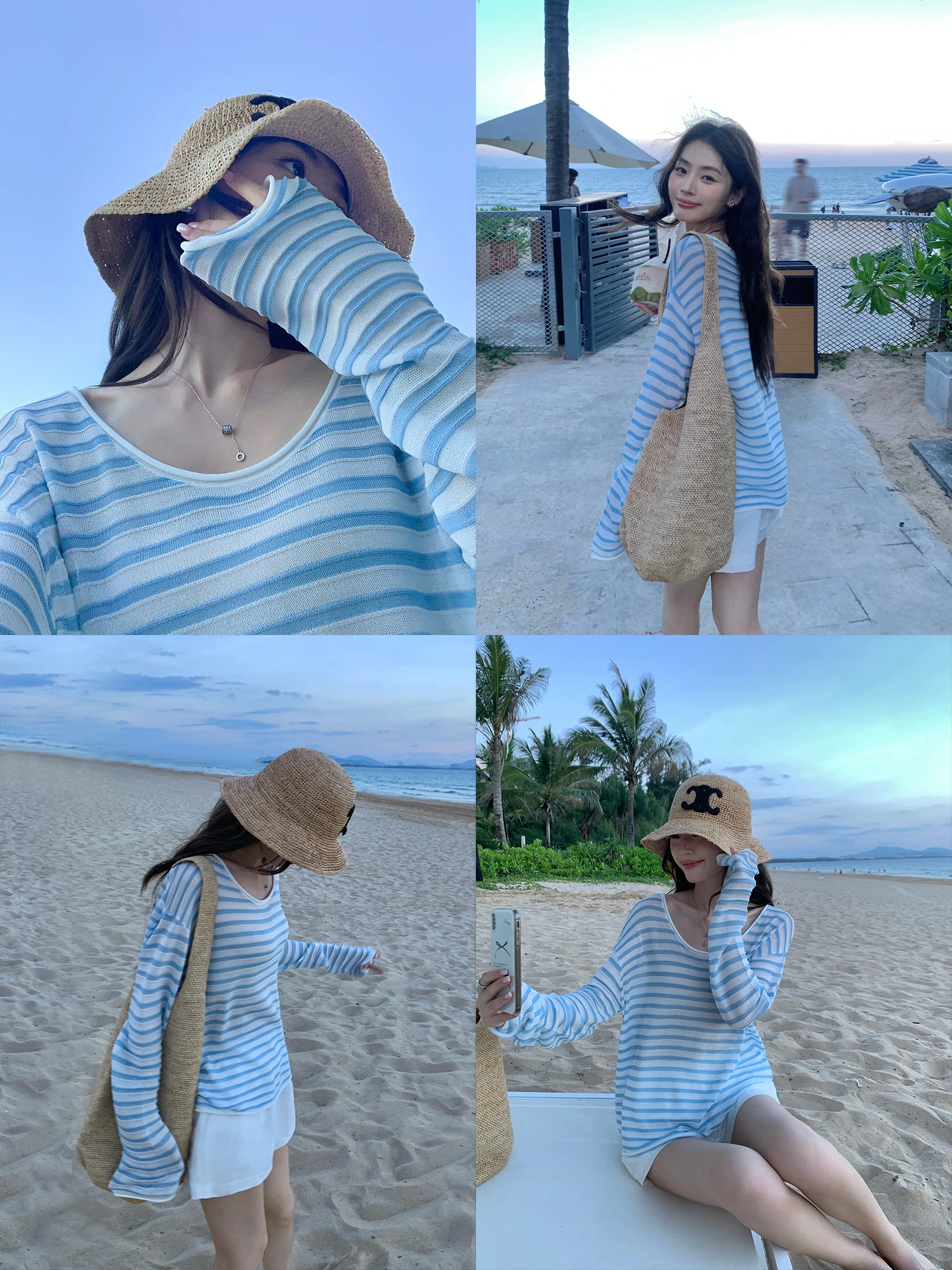 

Pusumede Korean Striped Lightweight Loose Women's Summer Knitted Top Long Sve Lazy Sle T-irt Casual Loose Fit Tee