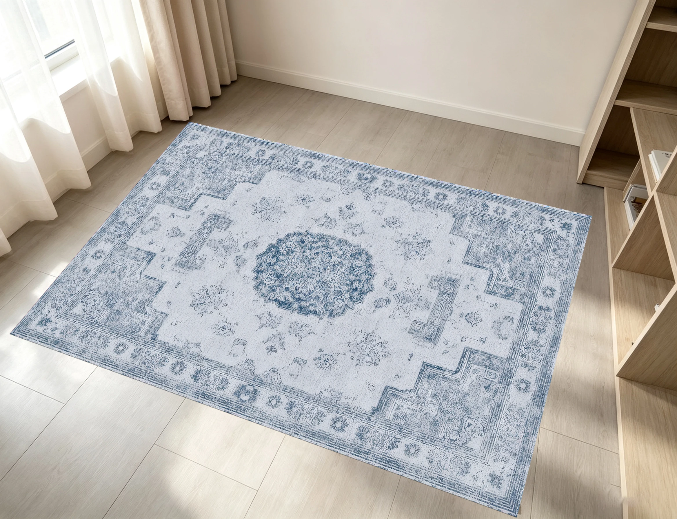 Light Blue Vintage Ethnic Style Area Rug, Classic Central Medallion Pattern, for Autumn Winter Home Refresh, Decor for Entryway