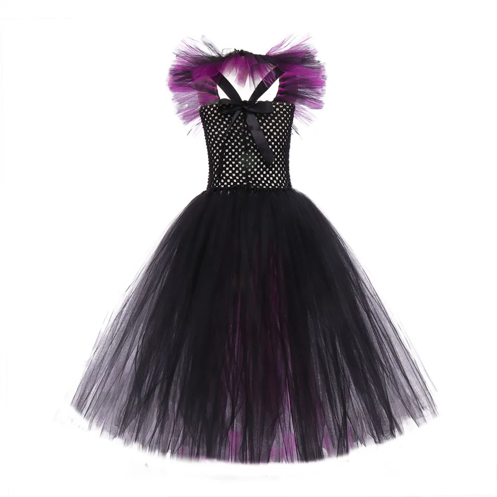 2026 Halloween Carnival Birthday Party Girl Cosplay Purple Black Dark Queen Tutu Witch Evil Fairy Fluffy Dress Wing Outfit 2-10T