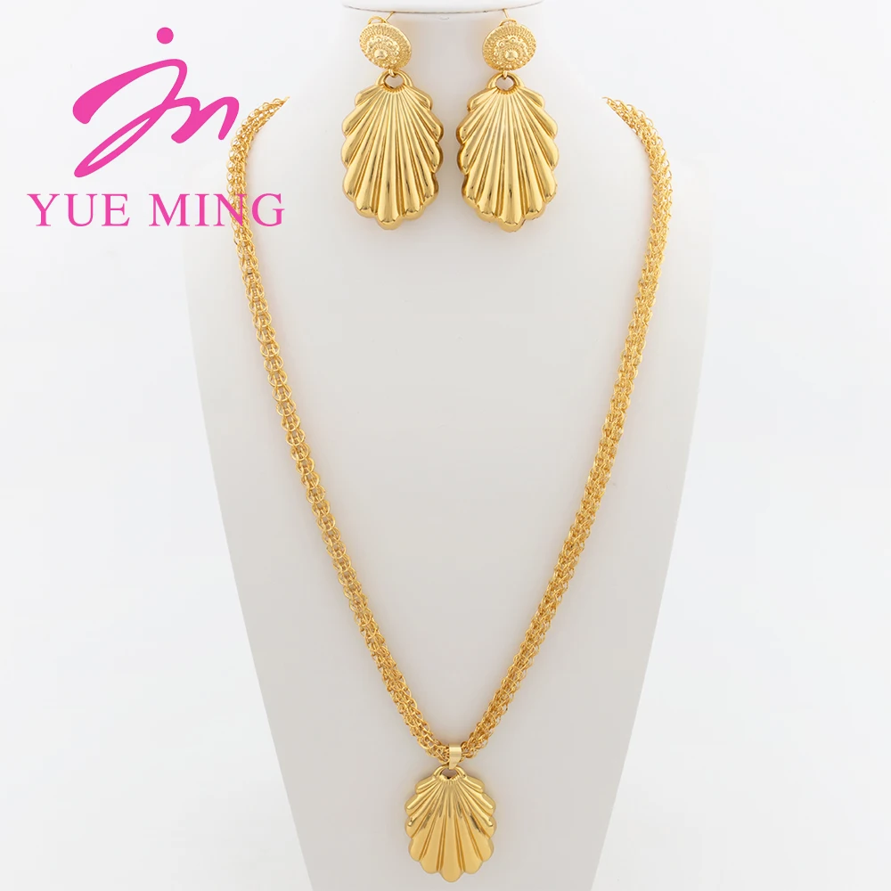 

YM 2PCS Jewelry Sets for Women 80CM Copper Necklace Earrings Shell Pendant Gold Plated Luxury Nigeria Dubai Jewelry Accessories