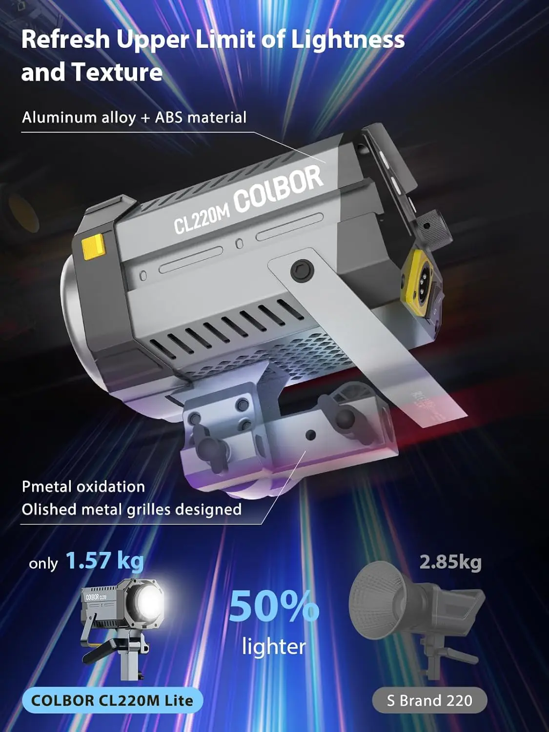 

COLBOR CL220M LITE 220W Continuous Output Lighting 2700-6500K CRI96+ 10,800Lux at 3.3ft COB Studio Light with 7 Light Effects