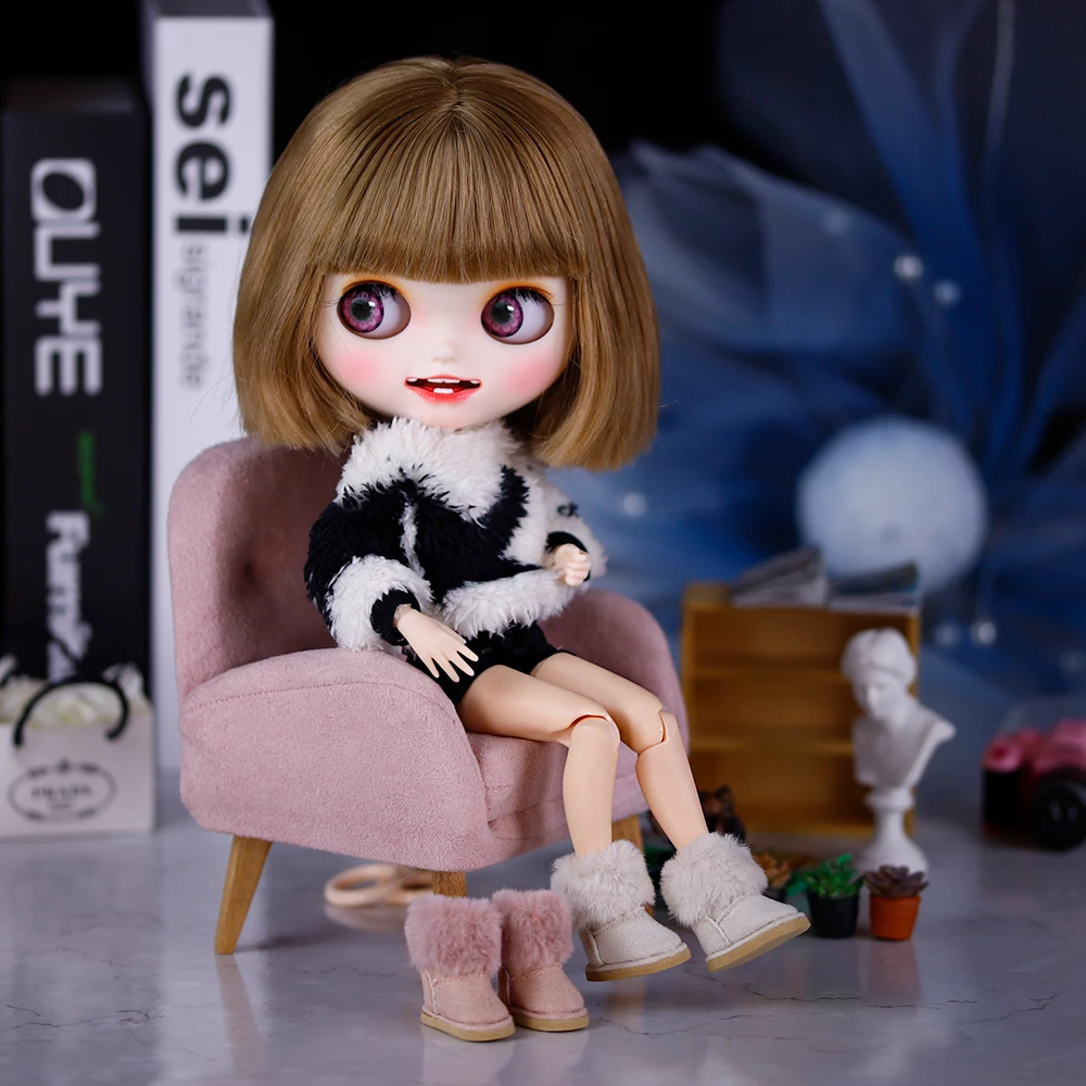 Blyth Doll Shoes 1/6  Pink & Beige Two-Tone Versatile High-Quality Warm Boots BJD Girl Toy