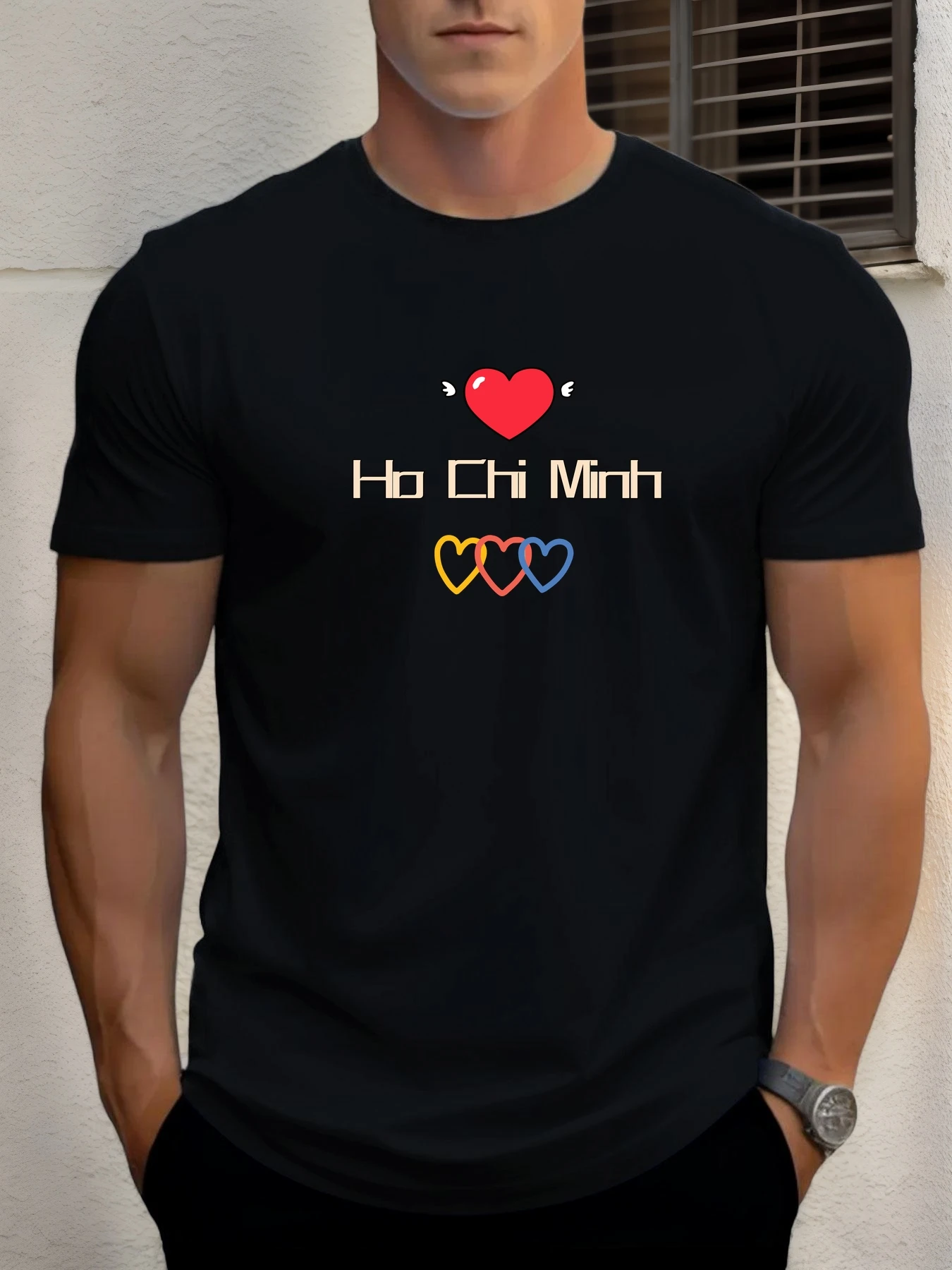 

2025 Summer Men's Cotton T Shirt Love Pattern and Ho Chi Minh Text Summer Casual Crew Neck Short T-Shirt