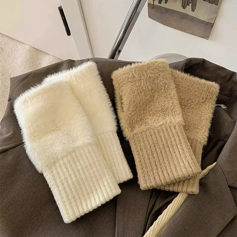 Guantes de medio dedo suaves de lana de visón para mujer, guantes sin dedos de punto de felpa blancos sólidos cálidos, mitones de muñeca para escribir y montar