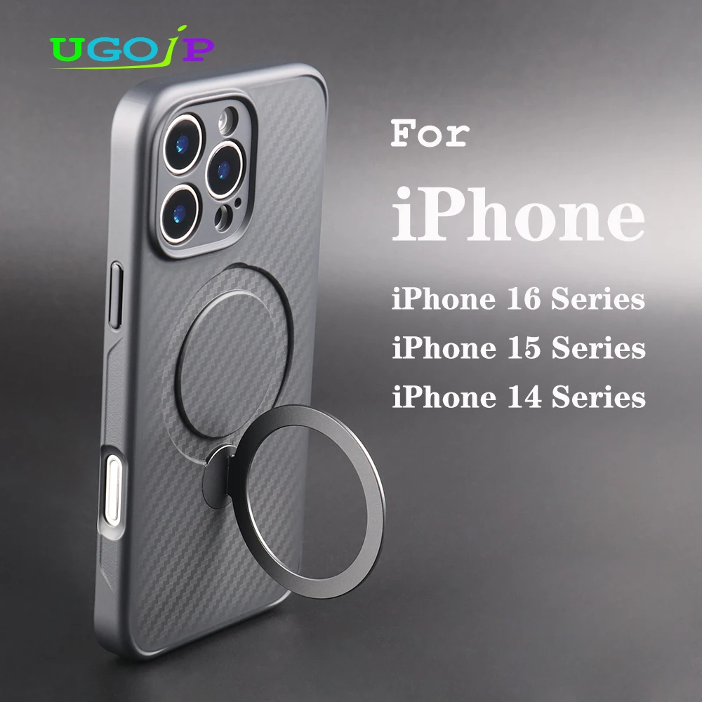 

UGOjP Magnetic Case For iPhone 16 Pro Max 14 Pro 360° Rotating Stand Carbon Fiber Case For iPhone 15 Pro Max Holder Matte Cover