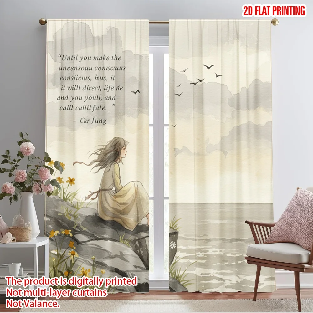 

2pcs 2D flat printing Party Window Curtains On Cliffside Birds Fabric Without Electricity Birthday Party Perfect for New Year