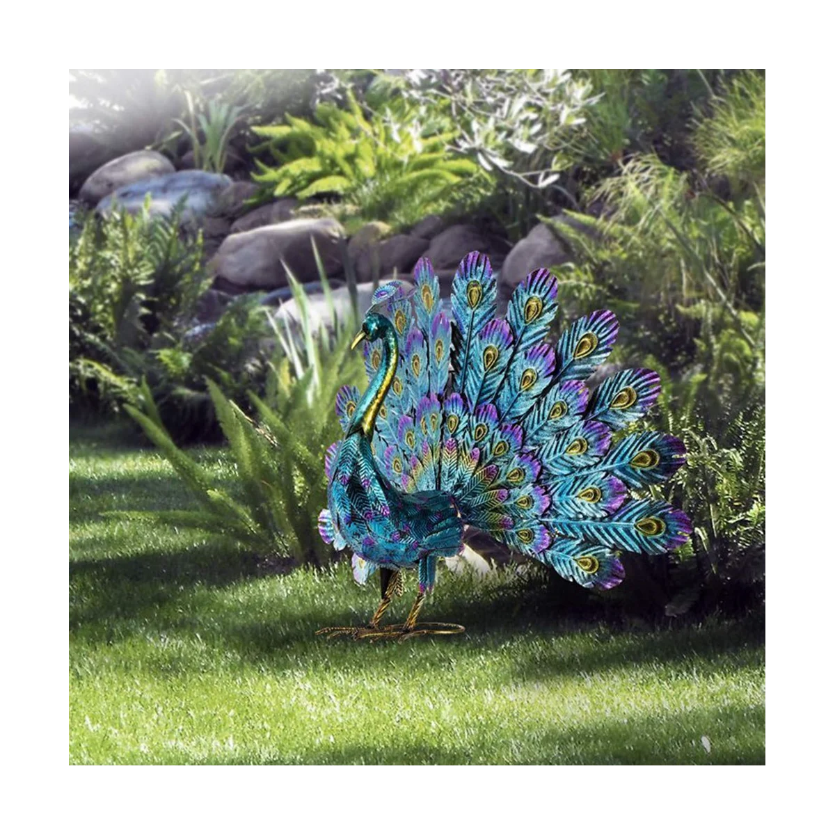 Multicolor Metallic Peacock Statue Metallic Peacock Statue Outdoor Garden, Patio, Deck, Porch-Yard Art Decoration