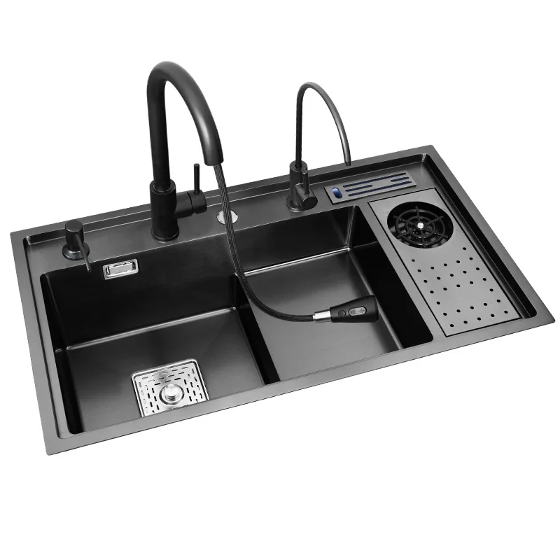 

Black stainless steel, sink, large single sink, kitchen stepped sink, high pressure cup washer, vegetable basin with knife