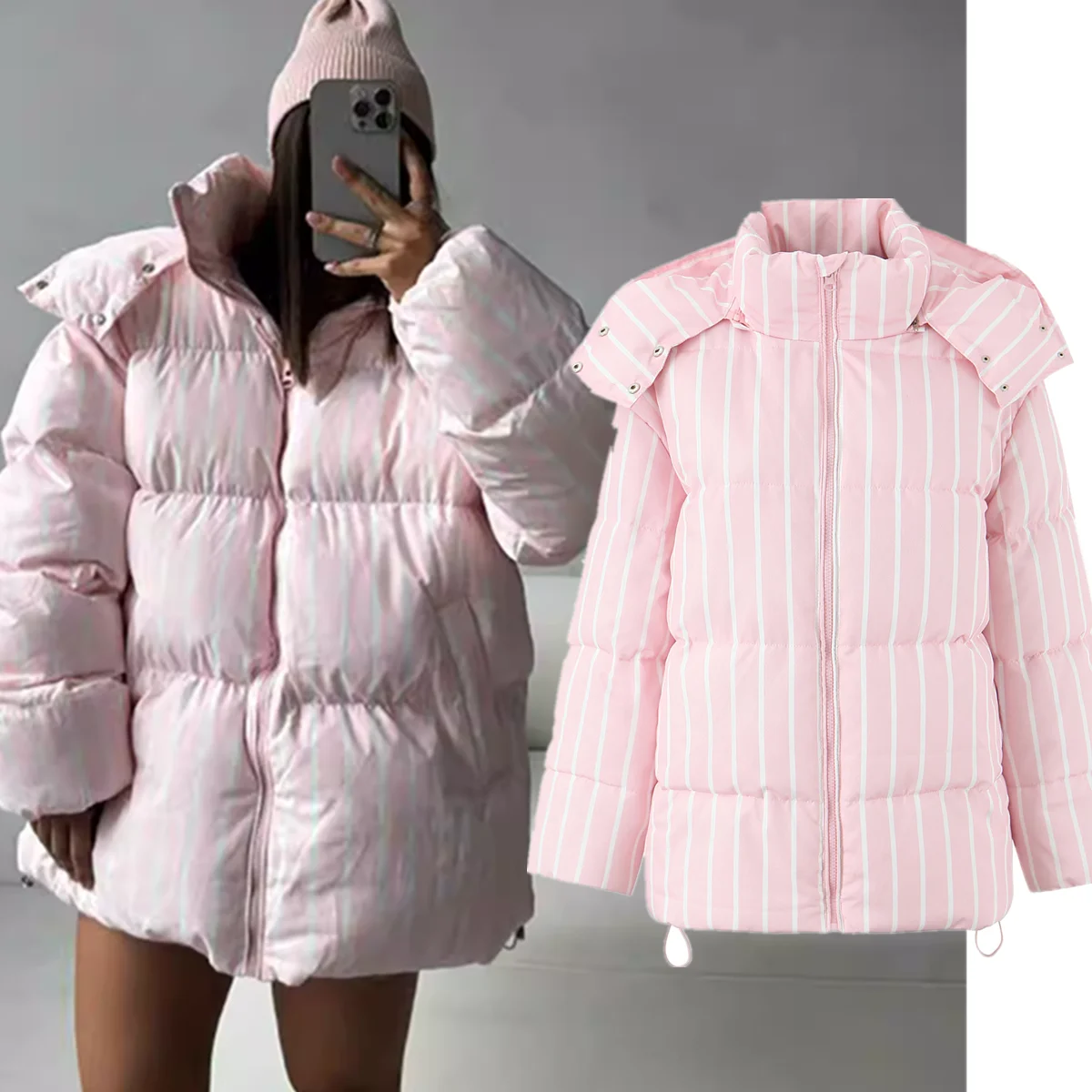 

Maxdutti Fashion Woman Clothes Tops Ins Fashion Blogger Pink Striped Bread Coat Women's Jacket Loose Hooded Parka Coat Women