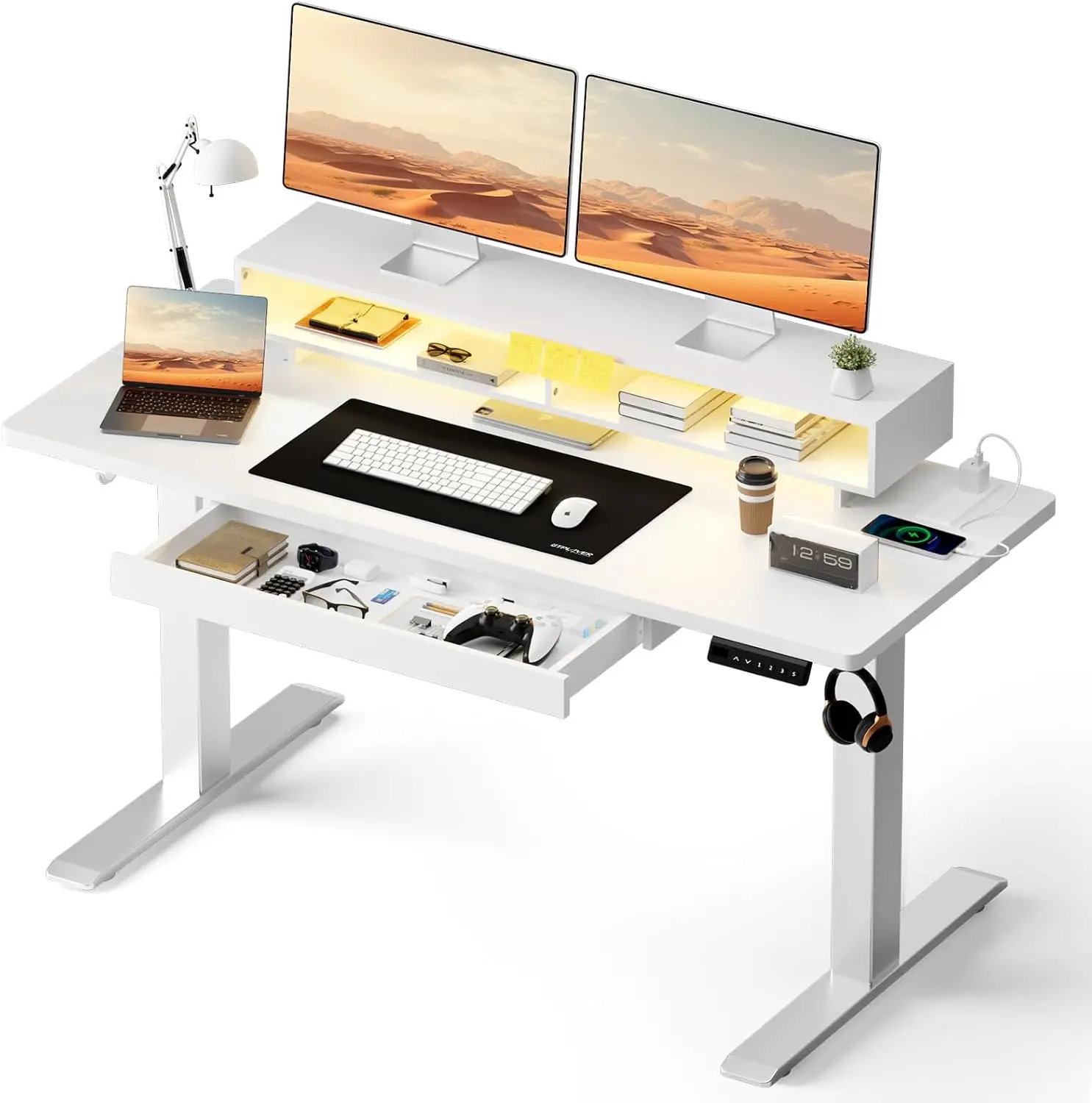 Height Adjustable Electric Standing Desk 48 X 24 Inch White Gaming Sit Stand Up Table Drawers Monitor Stand Power Outlets LED Li