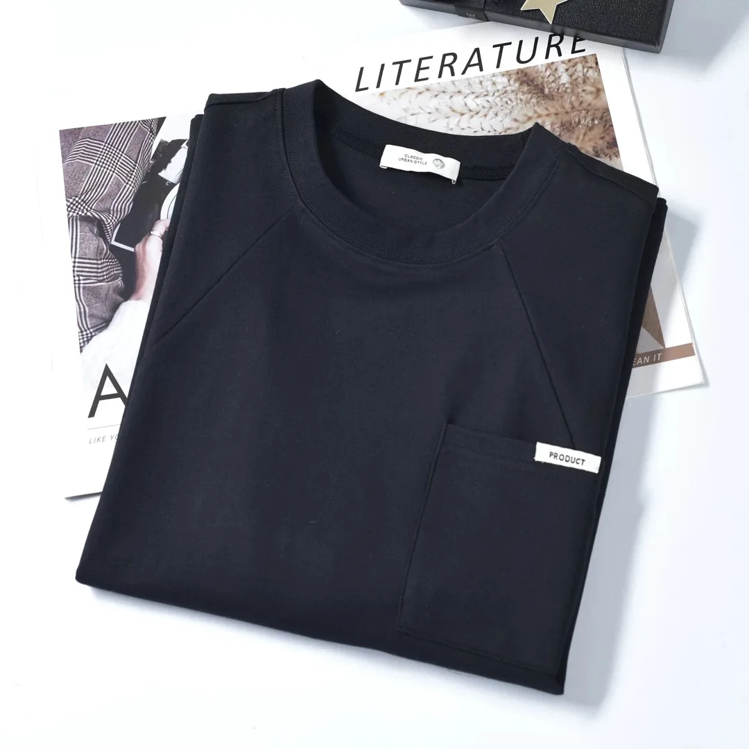 Trendy shoulder patch pocket short sleeved summer skin friendly cotton casual round neck T-shirt simple solid color top men/8785