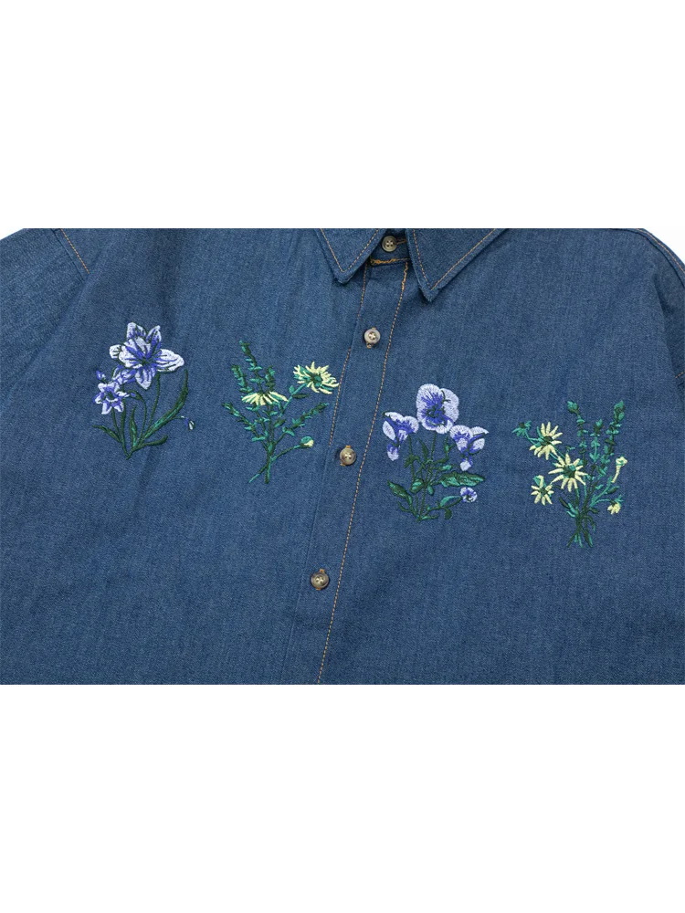 Sycpman Retro Plant Flower Embroidery Denim Short Sleeved Shirts for Men Summer Women Loose Casual Shirt