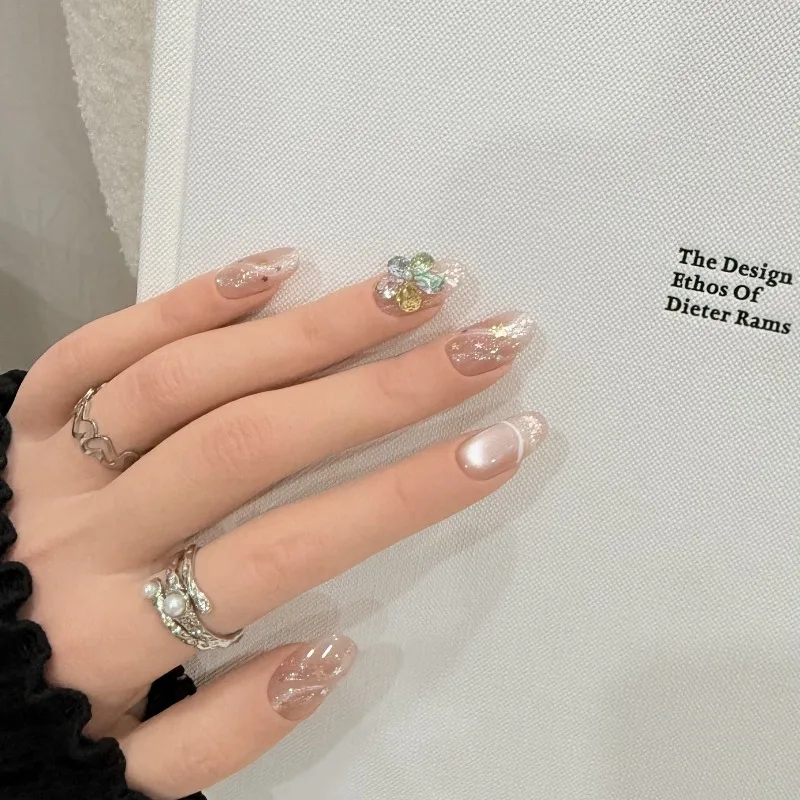 

10Pcs Handmade Nails Elegant Ribbon Cat-Eye Dopamine and Starry Sky Designs with Rhinestones Press-On Nails Perfect for Girls