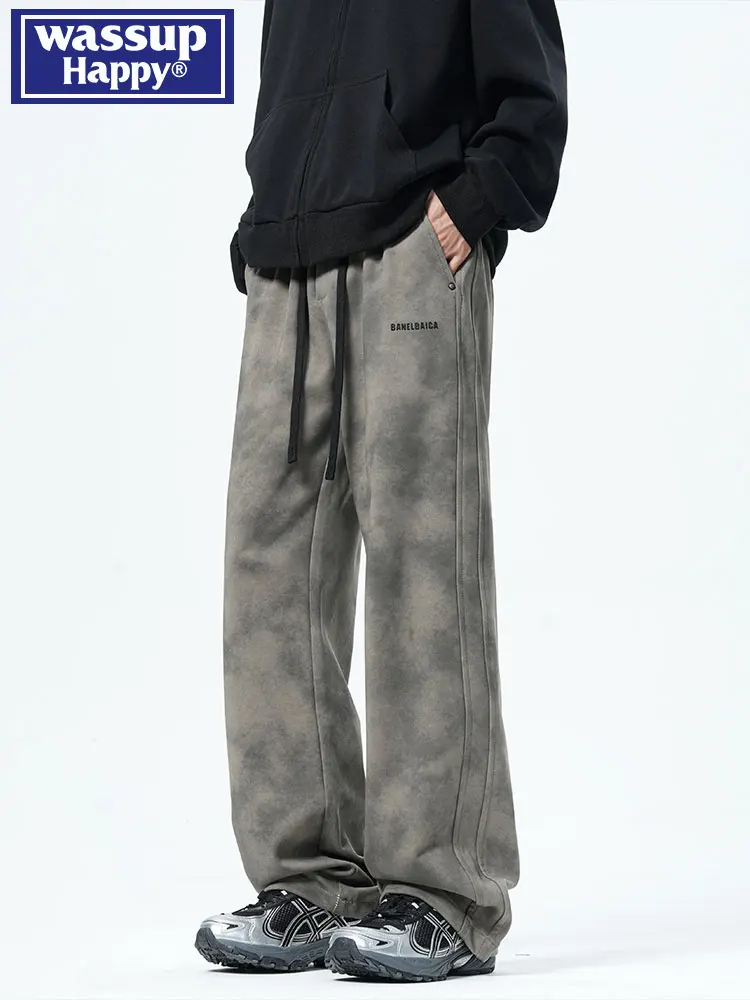 

Wassup Happy Men's Fce Lined Loose Fit Casual Pants Warm Straight Leg Floor Length Autumn Winter American Retro Sle