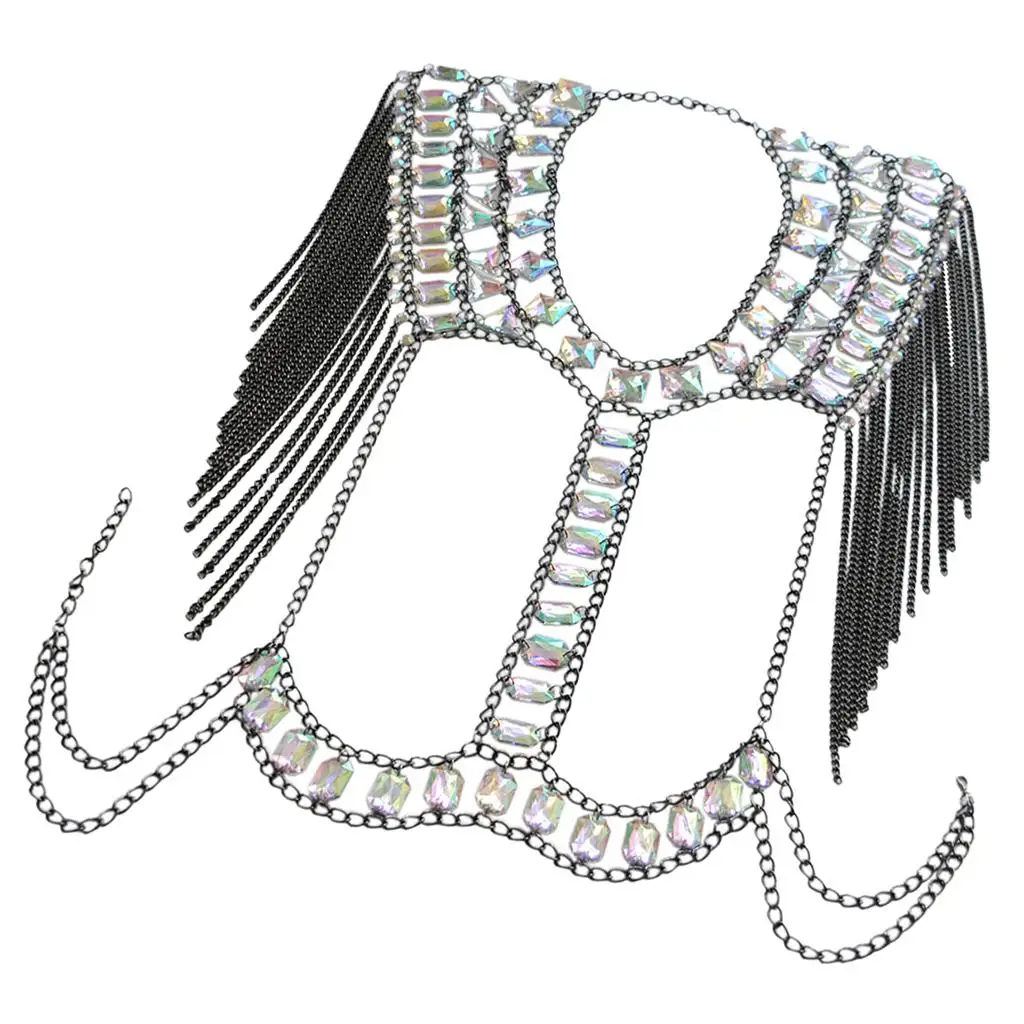 Shoulder Jewelry for Women Crystal Tassel Body Chain Necklace Chest Harness Accessory for Party Costume