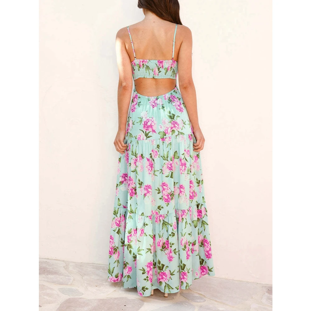 

Women Summer Flower Print Boho Style Maxi Dresses Fashion Spaghetti Strap Backless Dress Slim Fit Back Cut Out Dresses