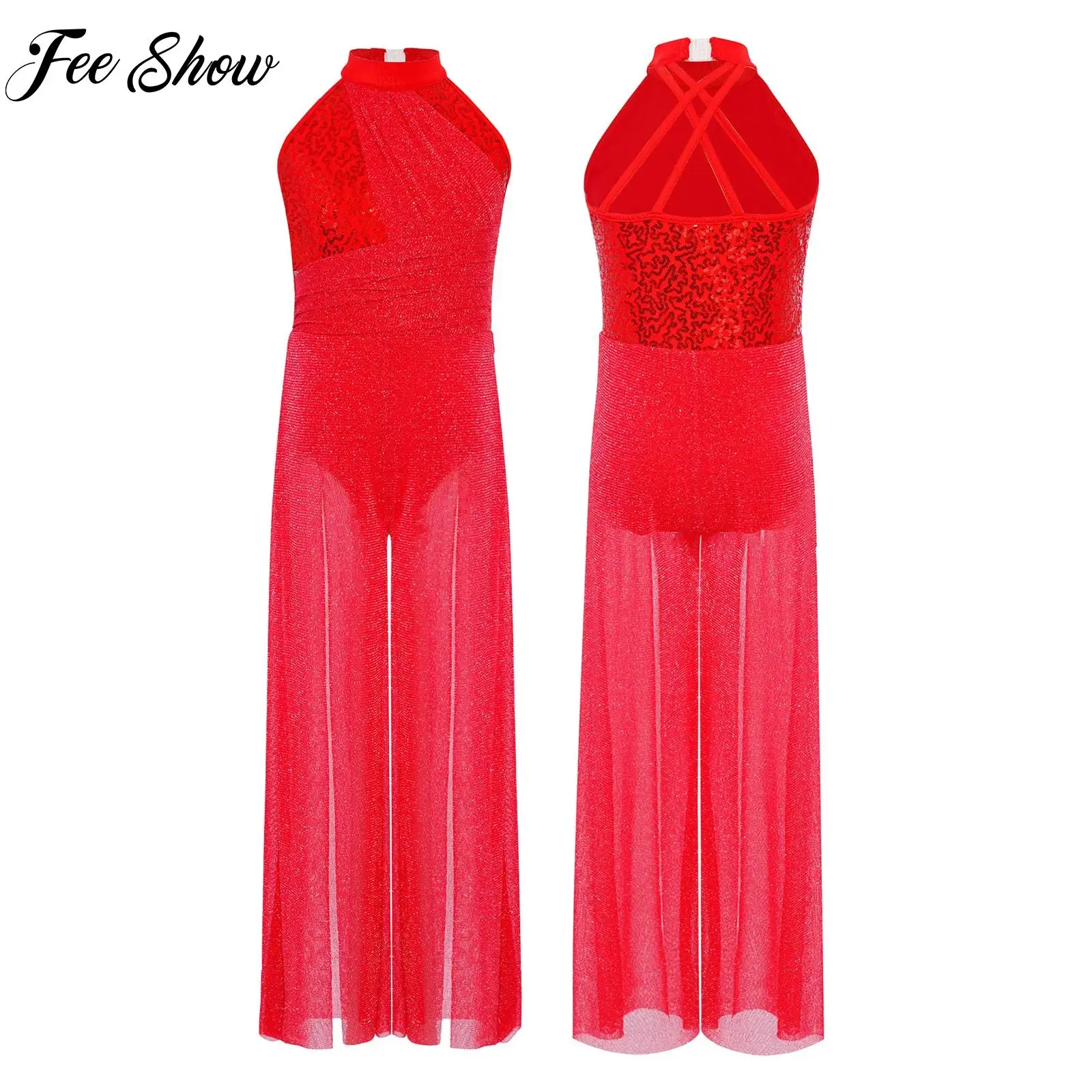 

Girls Modern Lyrical Dance Jumpsuit Crisscross Strappy Back Sequins Wide-Leg Bodysuit Performance Dancewear Sleeveless Jumpsuit