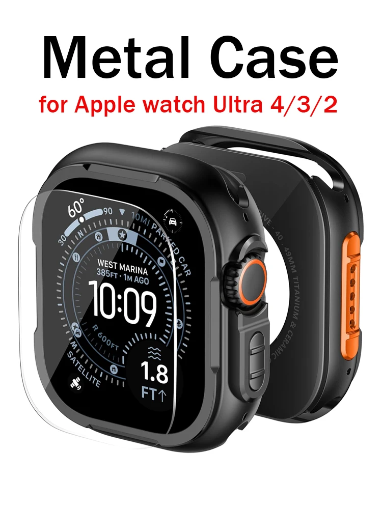 Metal Case for Apple Watch Ultra 2 3 4 49mm Rugged Protective Tempered Glass Bumper PC Back Cover iWatch ultra screen protector