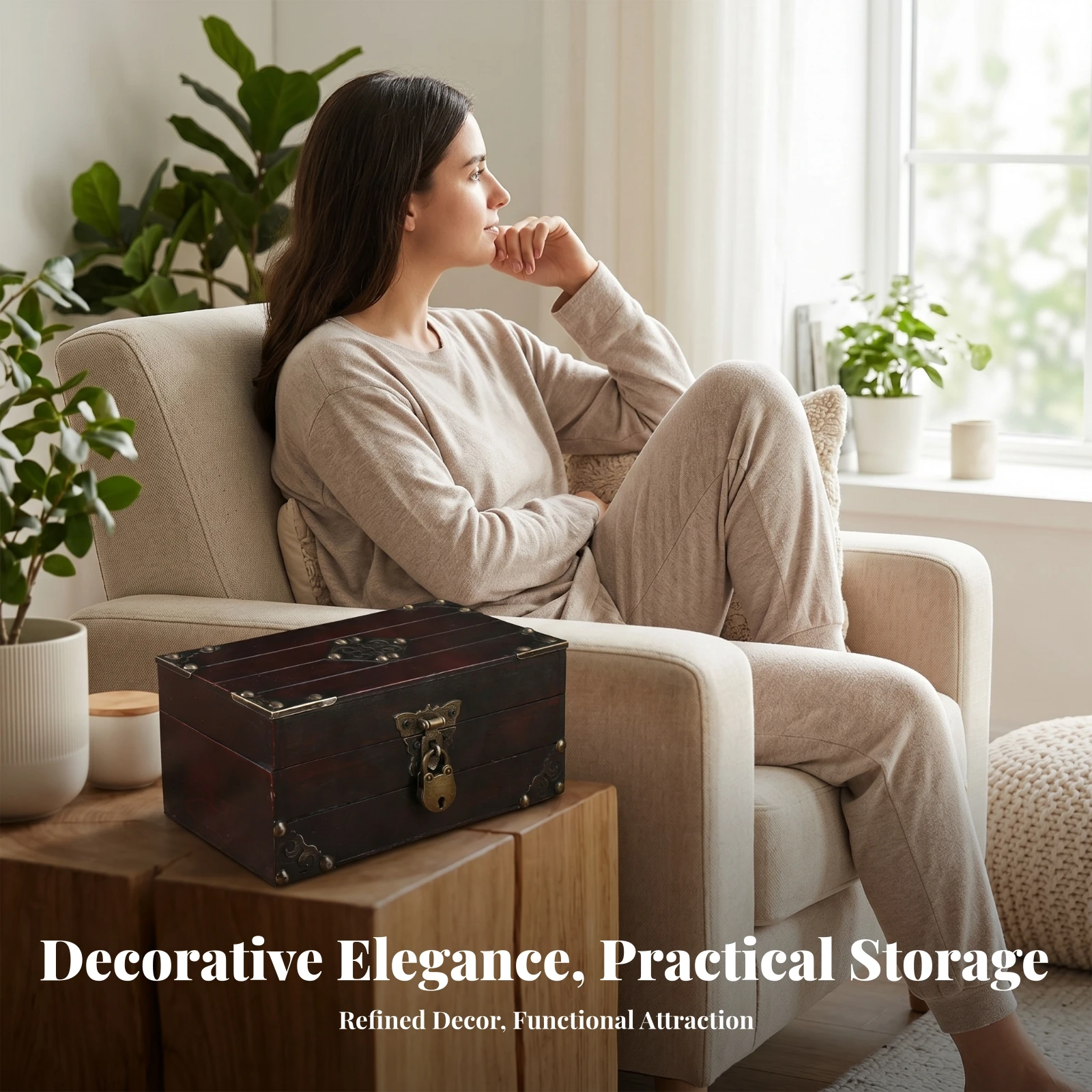 Wooden Jewelry Box Metal Latch Lockable Wooden Chest Pirate Treasure Box Rectangular Room Decoration Decorative