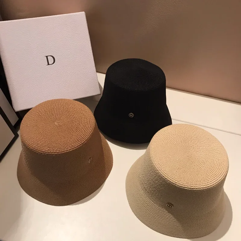 日本人デザイナー M わら織り帽子夏カジュアル旅行日焼け止めスリムフェイス太陽の帽子女性の高級シンプルなバケツ帽子パナマ