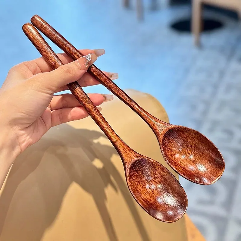 Nanmu Long-Handled Honey Spoon, Household Stirring Spoon, Extended Wooden Dessert Spoon, Eating Spoon, 2Pcs