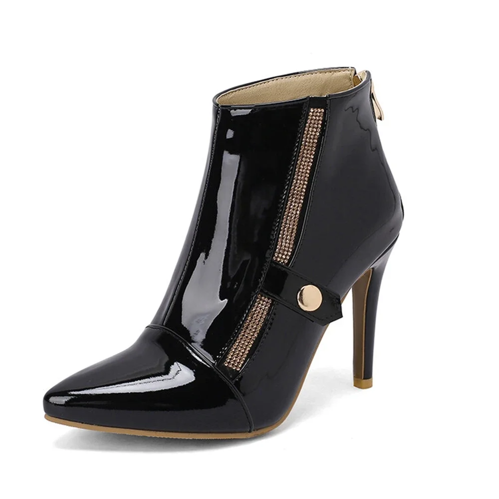 Botas de mujer botas de tornozelo feminino outono inverno sapatos de couro patente apontou salto alto lado zip calçado brilhante tamanho 32 50 50