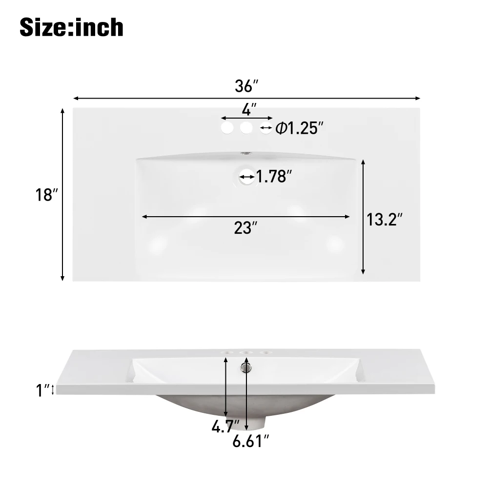 Lavabo de baño individual de 36", solo tocador, 3 orificios para grifos, resina