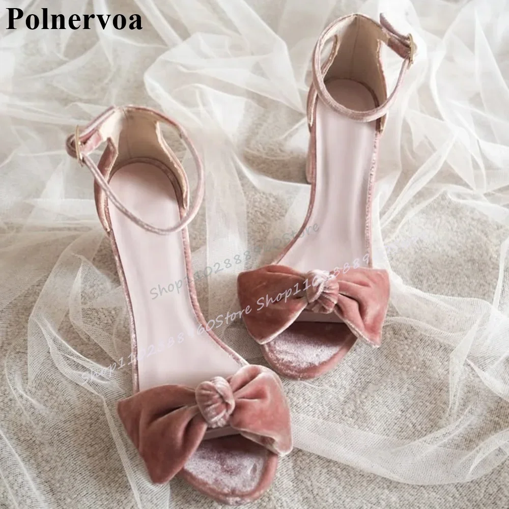

Elegant Crayon Pink Suede Bowknot Sandals Chunky High Heel Shoes For Women Ankle Buckle Strap Peep Toe 2025 Zapatos Para Mujere