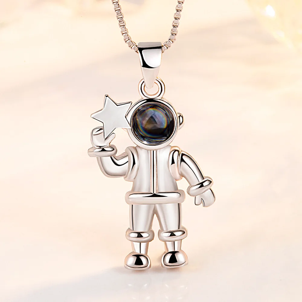 925 Sterling Silver Fashion I Love You in One Hundred Languages Cosmic Astronaut Projection Stone Pendant Necklace Birthday Gift