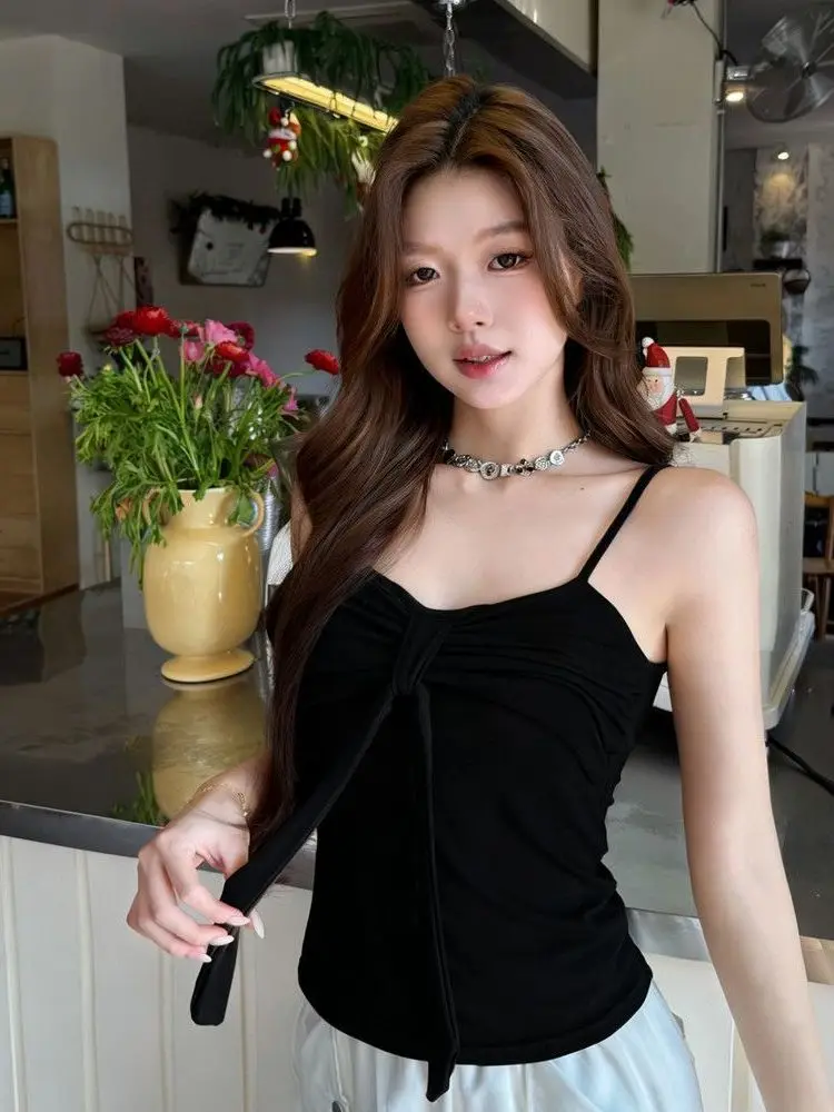 Summer Slimming  Knot Strap Vest Women's Fashionable Pad Integrated Design Breathable Short Length V-Neck Top