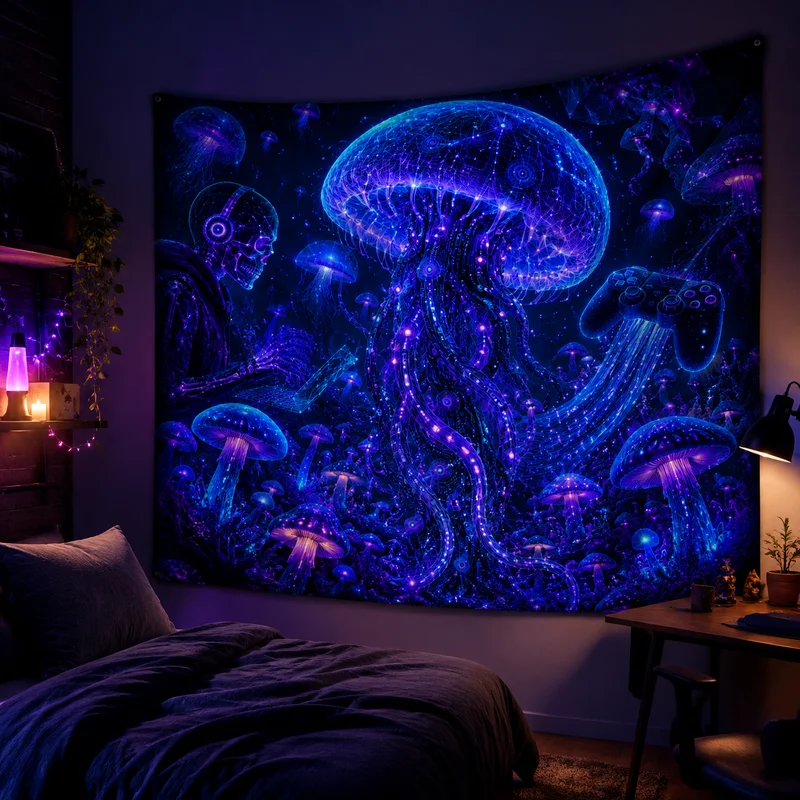 VIKAMA Neon Feng Shui Skull Tapestry, Dark Cyber Game Controller Wall Hanging, Psychedelic Game Room Wall Decor