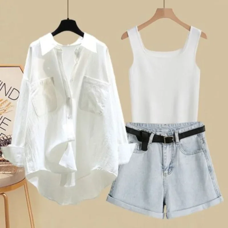 

2025 New Korean Fashion Sunscreen Shirt Casual Tank Top Slimming Denim Shorts Three Piece Set Spring/Summer Set Women's