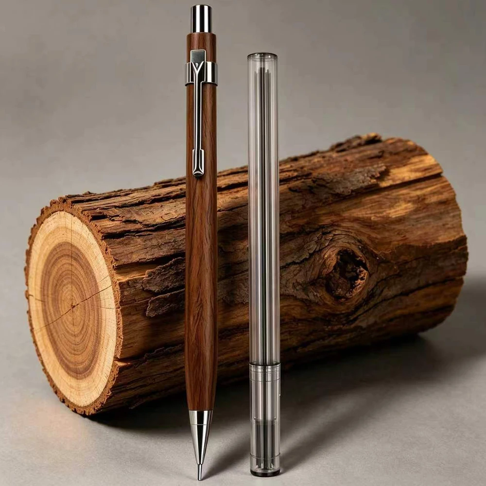 Walnut Wood 0.5mm Mechanical Pencil Set, Includes 20 Lead Refills and Tube, Vintage Automatic Pencil for Writing Sketching