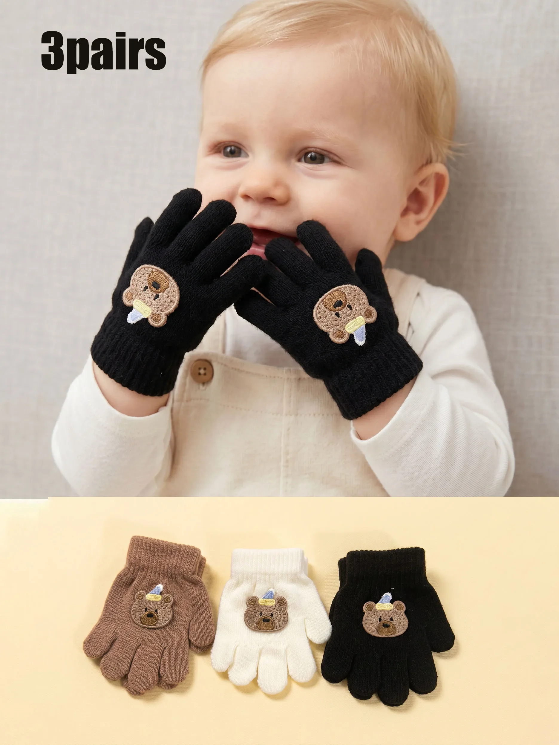 3Pairs Baby Boys Knitted Full Finger Gloves, Embroidered Bear Candy Color Thick Infant Gloves for Autumn Winter Daily Wear