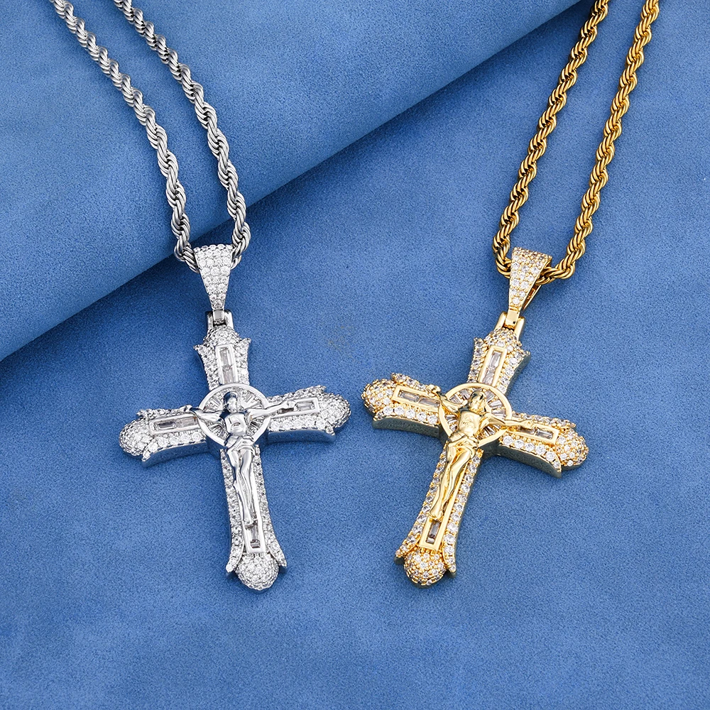 HHIOK Iced Out Diamond Jesus Crucifix Cross Pendant Necklace 18K Gold Plated Religious Hip Hop Jewelry For Men Women
