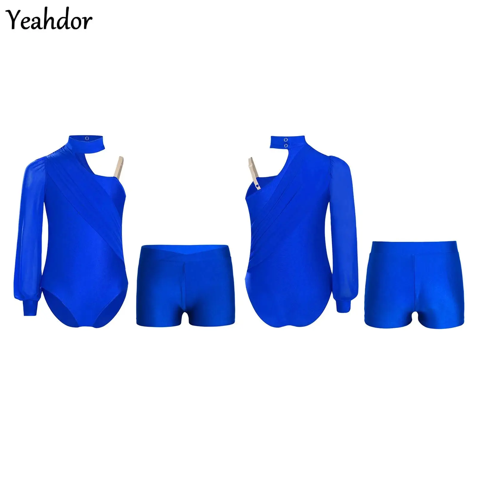 

Kids Girls Figure Skating Gymnastics Dance Outfit One Shoulder Long Sleeve Ruched Mesh Leotard Bodysuits +Shorts Ballet Jersey
