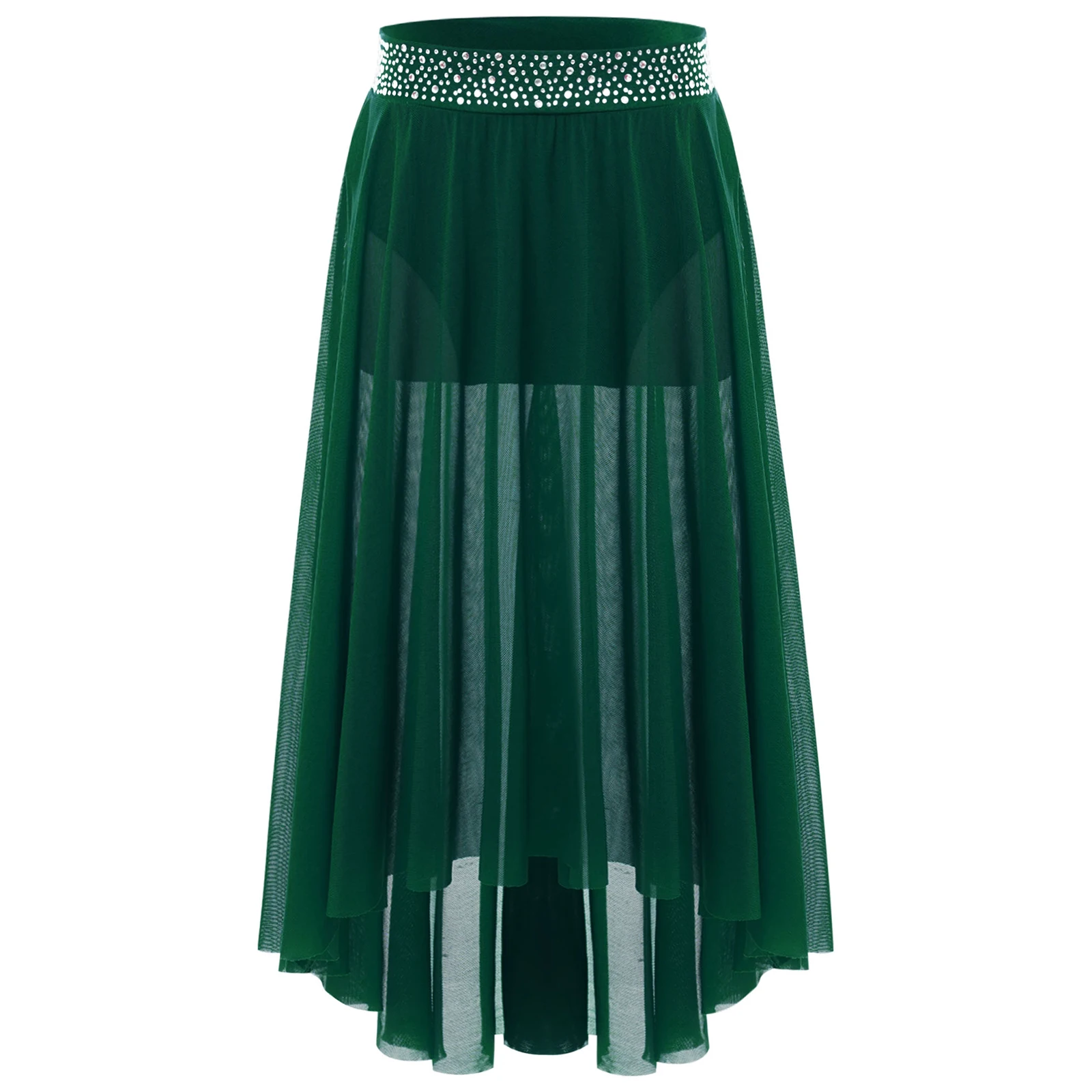 키즈 소녀 발레 서정적 현대 현대식 찬미 댄스 스커트 반짝이는 라인스톤 사이드 슬릿 하이 로우 불규칙 메쉬 스커트