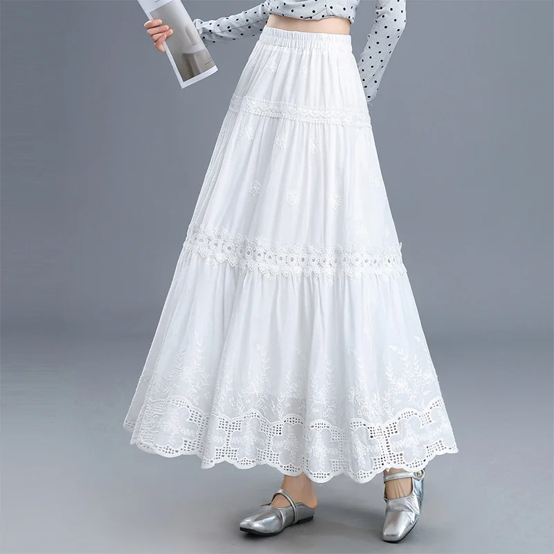 

Юбка ZUZK с кружевным подолом и вырезами, длинная, женская, летняя, новая, корейская, с эластичной талией, модная, пышная, милая, белая